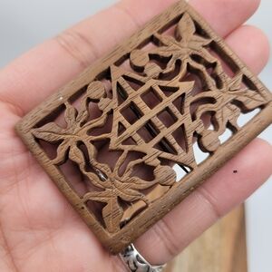 Vintage Carved Wood Brooch Pierced Jali Openwork Floral Ethnic Folk Art